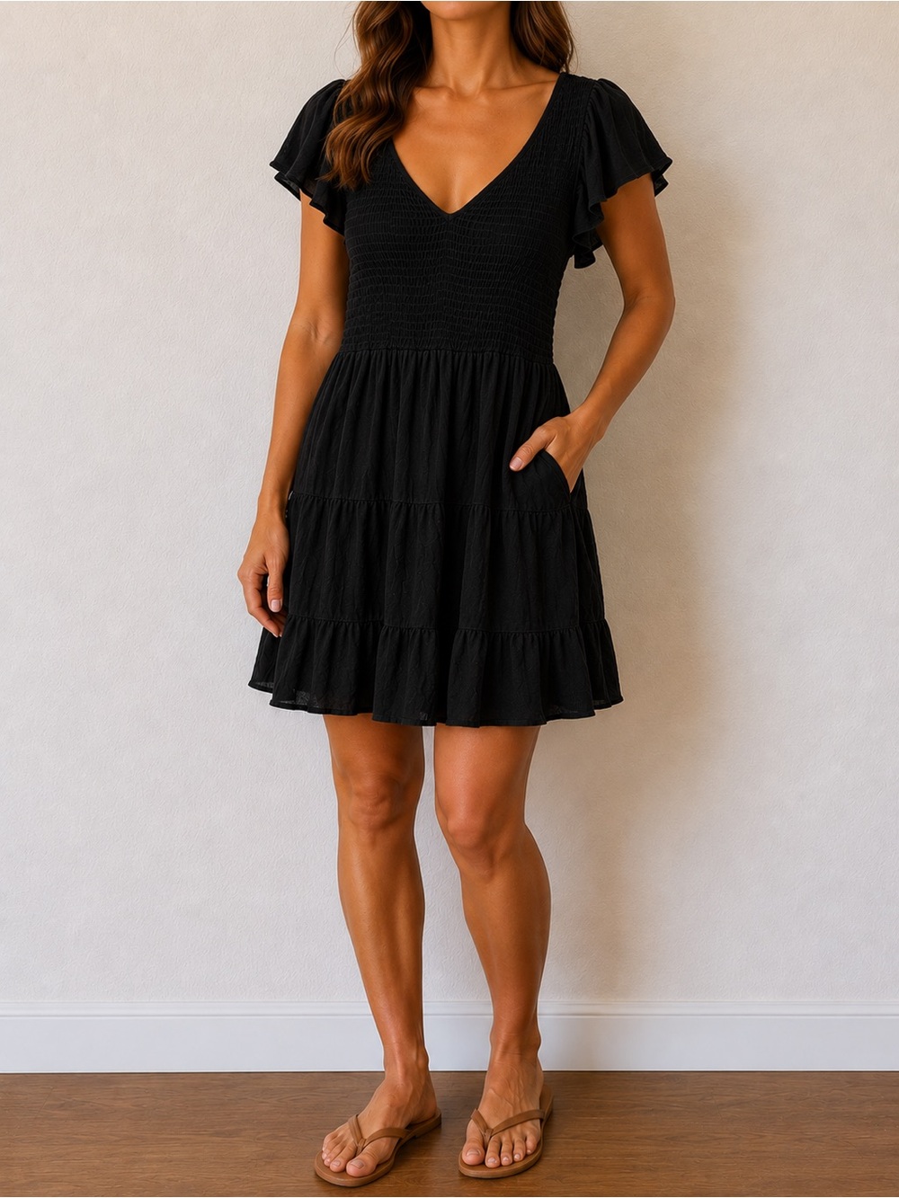 Altar'd State Black V-Neck Smocked Mini Dress